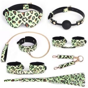 Luminous sm props leopard print seven-piece sex collar traction restraint handcuffs ankle cuffs sp punishment adult products - Luminous leopard print