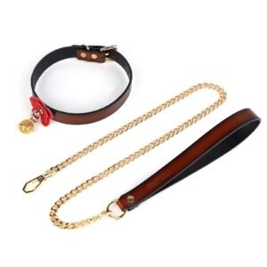 High-end sm props retro genuine leather traction collar flower bell sexy collar alternative choker adult products - Dark red collar + dark red traction chain