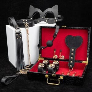 High-grade sm props genuine leather 8-piece set with box binding handcuffs traction collar punishment training whip adult products - Black genuine leather 8-piece set with case