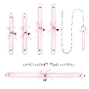 Sexy SM props bow lace SM set maid bell collar handcuffs foot cuffs alternative adult products - Pink
