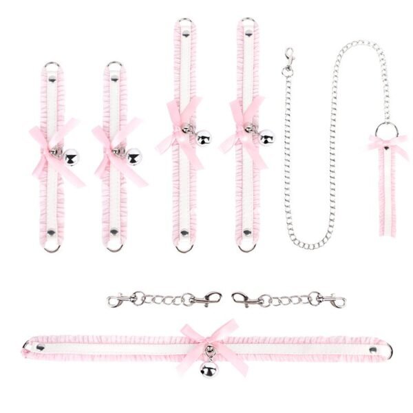 Sexy SM props bow lace SM set maid bell collar handcuffs foot cuffs alternative adult products - Pink