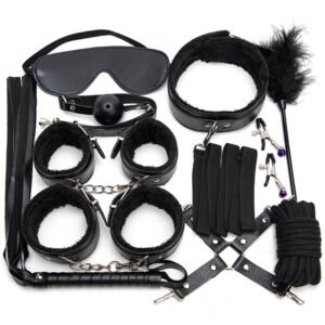 Sex toys SM props 10-piece set of binding rope bondage handcuffs training mouth plug breast clips alternative adult sex products - Black