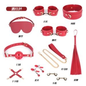Training slave girl sm props 10-piece set leather sm set sexy handcuffs with storage bag alternative adult products - Red Suit