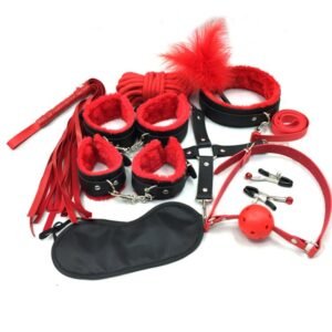 Adult sexy plush 10-piece set of women's leather handcuffs couple flirting bondage bondage alternative sex toys - Black red