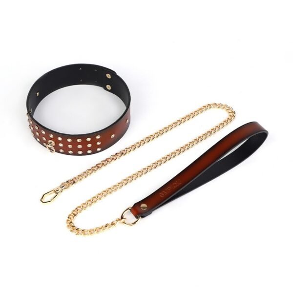 High-end sm props full diamond genuine leather sexy collar female slave training traction neck collar alternative choker adult products - Dark red collar + dark red traction chain