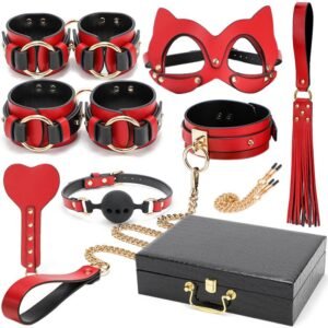 High-end sm props eight-piece set PU leather sexy eye mask binding handcuffs sexy collar sp leather whip - 8-piece set with case