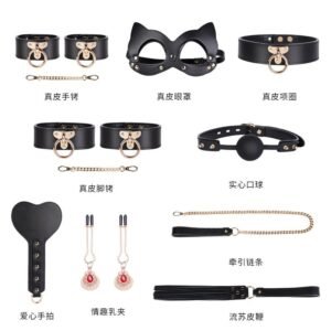High-end sm sex props genuine leather eight-piece set of binding bondage handcuffs sex collar sex leather whip - Solid Black Set-Without Case