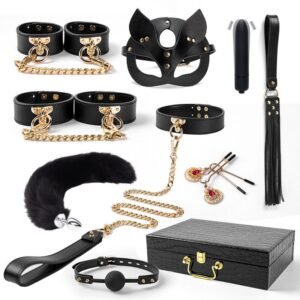 High-grade leather sm props ten-piece set sp leather racket collar traction sexy handcuffs tail anal plug adult products - Black 10-Piece Set (Includes Box)