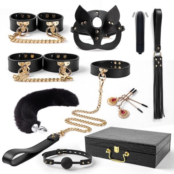 High-grade leather sm props ten-piece set sp leather racket collar traction sexy handcuffs tail anal plug adult products - Black 10-Piece Set (Includes Box)