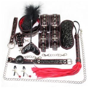 sm binding set sex toys PU handcuffs binding bondage ten-piece set couple flirting alternative adult toys - Ten-piece black diamond pattern set