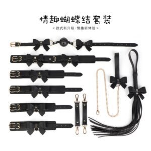 sexy sm props set macaron color bow sexy collar women's binding handcuffs sm whip - Black