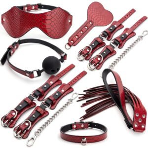 Sex toys sm props crocodile pattern 7-piece set sm sex set handcuffs ankle shackles mouth ball adult sex toys - Red