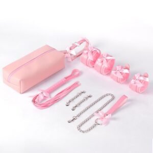 Sexy sm prop set cute bow binding bondage handcuffs sm training leather whip backyard development anal plug - Pink