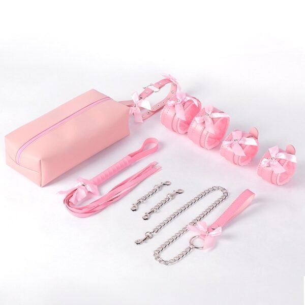 Sexy sm prop set cute bow binding bondage handcuffs sm training leather whip backyard development anal plug - Pink
