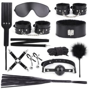Hot sale sm props set black pvc eleven pieces sexy breast clip leather whip binding handcuffs - 11-piece set