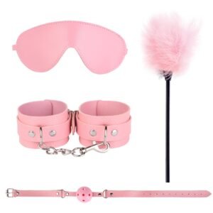 sm props 4-piece set pvc sexy handcuffs flirting feather stick sexy eye mask training mouth plug alternative adult products - Pink pvc four-piece set