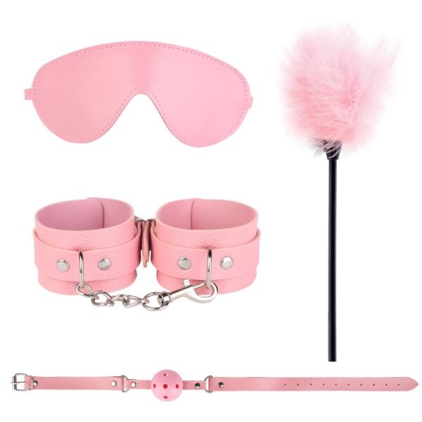 sm props 4-piece set pvc sexy handcuffs flirting feather stick sexy eye mask training mouth plug alternative adult products - Pink pvc four-piece set