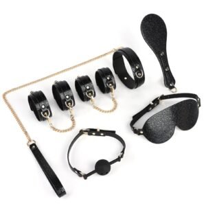 Sex toys SM props six-piece set of moire printed sexy eye mask binding handcuffs training collar punishment beat - Black Moire