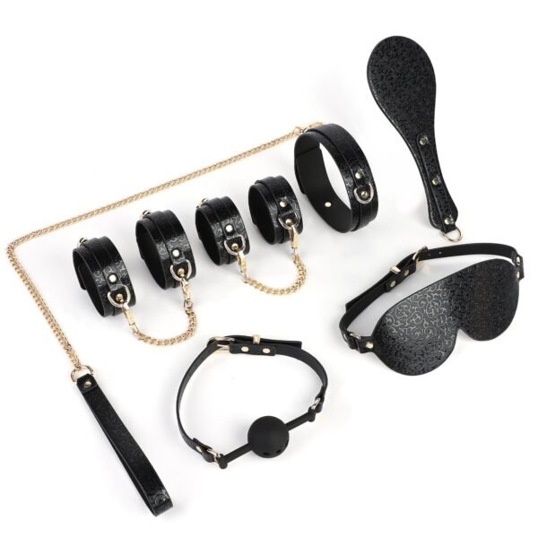 Sex toys SM props six-piece set of moire printed sexy eye mask binding handcuffs training collar punishment beat - Black Moire