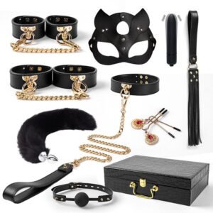Hot-selling high-end genuine leather sm props ten-piece set sp beat sexy collar handcuffs combination adult products - Black ten-piece set