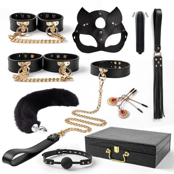 Hot-selling high-end genuine leather sm props ten-piece set sp beat sexy collar handcuffs combination adult products - Black ten-piece set