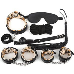 Sexy leather plush 7-piece set female forced oral ball plug couple training handcuffs adult sex products - Black Leopard Print Set of 7