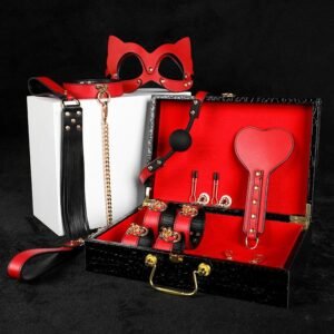 High-end genuine leather sm props eight-piece set of binding bondage sexy handcuffs female slave training punishment leather shoot adult products - Red genuine leather belt case