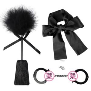 sm props three-piece set of sexy feather shots simulation sexy handcuffs blindfolded bondage sexy straps adult products - Black Three-Piece Set