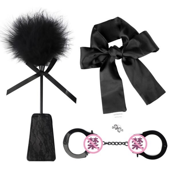 sm props three-piece set of sexy feather shots simulation sexy handcuffs blindfolded bondage sexy straps adult products - Black Three-Piece Set