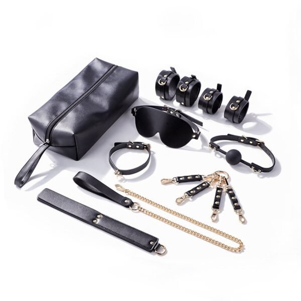 sm prop set high-end eight-piece set black simple sexy collar sm binding handcuffs training mouth plug leather racket - Black leather bag set