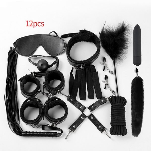 sm props binding bondage plush twelve-piece set sexy handcuffs traction collar training mouth ball tail anal plug - Black twelve-piece set