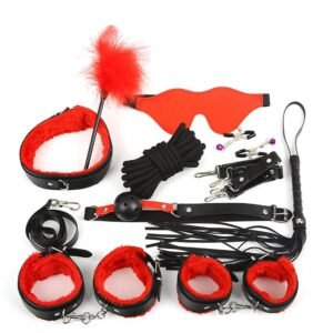 Sexy plush 10-piece set of women's leather handcuffs couple flirting binding rope bondage alternative sex toys - Red and black plush