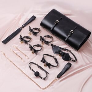 sm prop set with storage bag bow bell collar sexy handcuffs silicone mouth ball tassel leather whip - Black suit