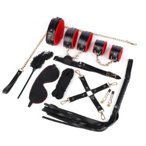 High-end sm prop set sexy plush handcuffs black and red sexy collar traction sm leather whip alternative adult toys - New black and red plush ten-piece set