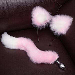 Sexy sm props training metal anal plug alternative cosplay cat ear headband tail anal plug two-piece set - Pink and white anal plug tail + headband