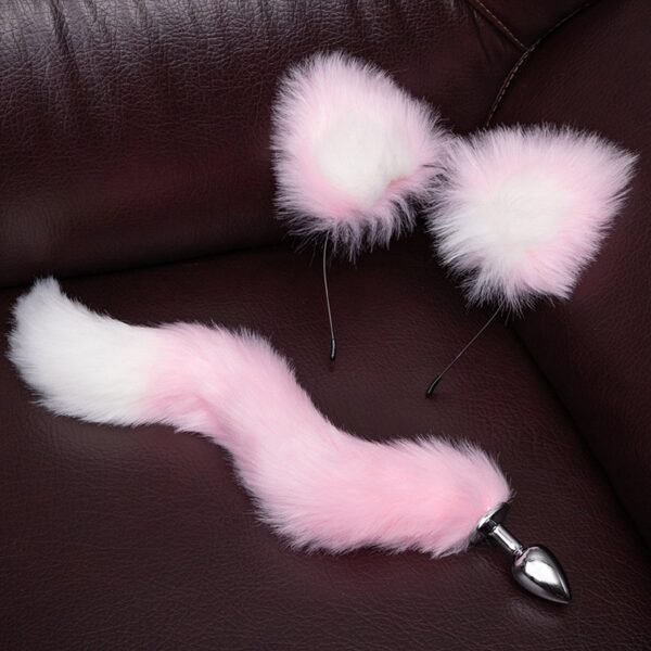 Sexy sm props training metal anal plug alternative cosplay cat ear headband tail anal plug two-piece set - Pink and white anal plug tail + headband