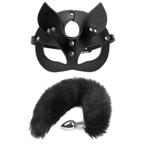 Sex toys cosplay cosplay mask metal anal plug tail sm props - Black tail + fox mask pvc material