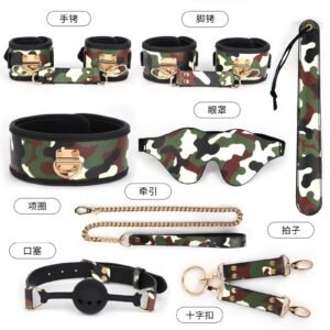 New sm sexy props luminous sm set camouflage sexy handcuffs training leather whip silicone mouth plug eye mask - Camouflage Luminous 7-Piece Set