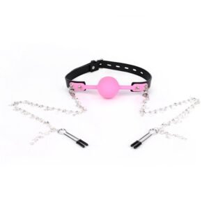 Sexy SM props light luxury genuine leather silicone mouth plug ball SM butterfly sexy breast clip mouth flail alternative adult products - Pink mouth ball + breast clip