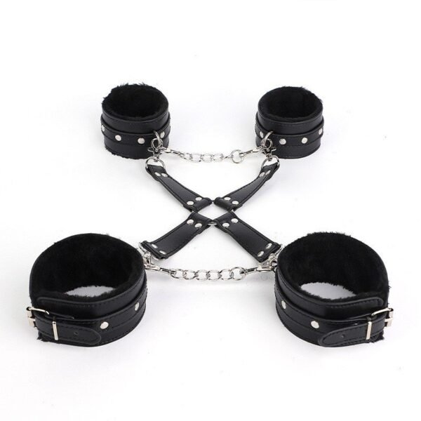 Sex toys sm props reverse back bondage cross buckle plush 3-piece set sm training binding handcuffs foot cuffs adult - Black Plush 3-Piece Set