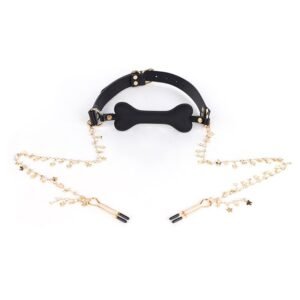 Fun sm props light luxury genuine leather silicone mouth plug maid training torture instrument bone mouth plug with drill long chain breast clip - Black bone mouth plug + breast clip