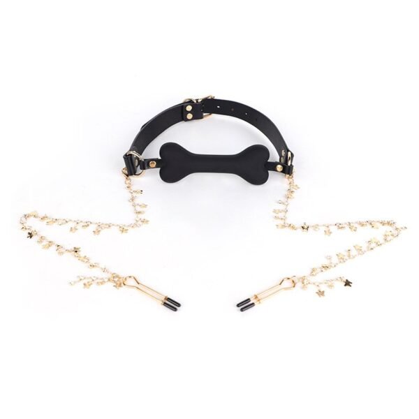 Fun sm props light luxury genuine leather silicone mouth plug maid training torture instrument bone mouth plug with drill long chain breast clip - Black bone mouth plug + breast clip