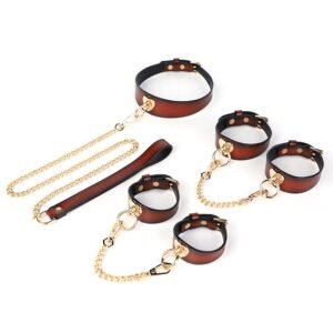Sex toys sm props genuine leather love set training handcuffs handcuffs collar adult toys - Orange Three Piece Set