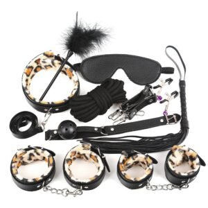 sm sexy props leopard print 10-piece set 5m sexy binding rope leopard print sexy handcuffs training mouth plug whip - Black Leopard Print Set of 10