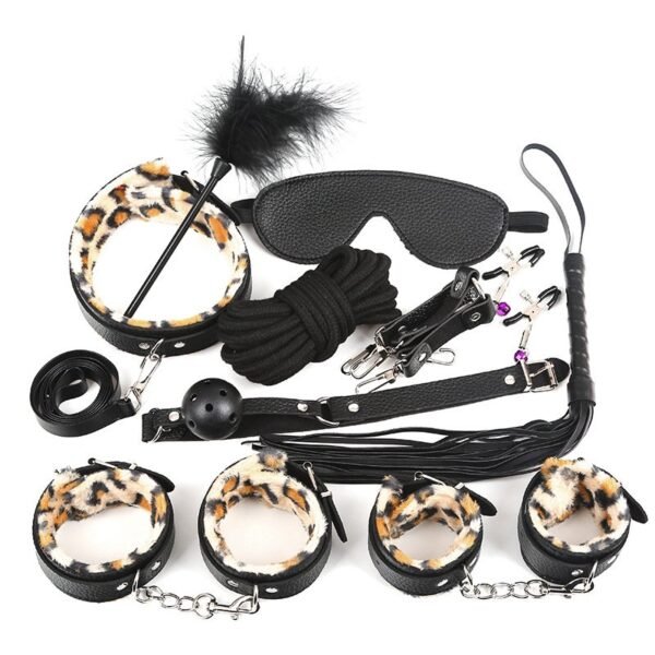 sm sexy props leopard print 10-piece set 5m sexy binding rope leopard print sexy handcuffs training mouth plug whip - Black Leopard Print Set of 10