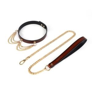 High-end sm props gold chain genuine leather collar sm training choker female slave traction neck collar adult products - Dark red collar + dark red traction chain