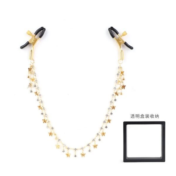 High-end sm props sex breast clip butterfly diamond chain breast clip sm sex toys alternative adult sex toys - Gold white diamond chain breast clip