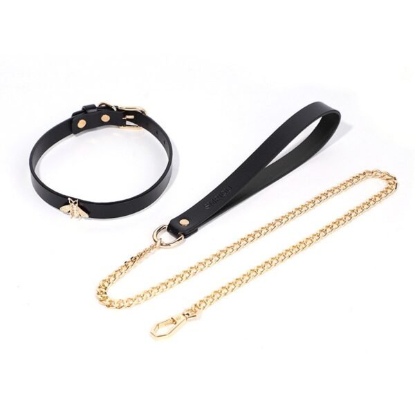High-end sm props female slave traction neck collar retro genuine leather collar little bee sexy choker adult products - Black collar + black traction chain
