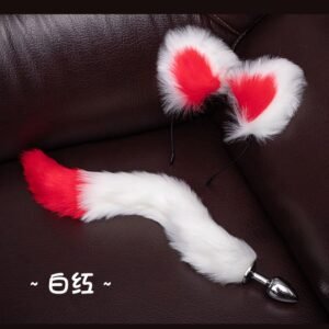 Sexy sm props training metal anal plug alternative cosplay cat ear headband tail anal plug two-piece set - White and red anal plug tail + headband
