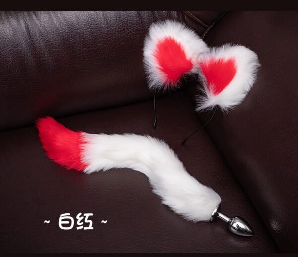 Sexy sm props training metal anal plug alternative cosplay cat ear headband tail anal plug two-piece set - White and red anal plug tail + headband